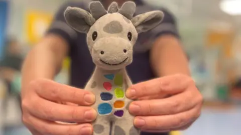Southampton Children's Hospital Grey giraffe soft toy with multi-coloured patches on its chest
