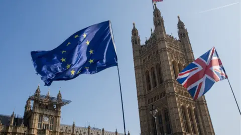 Getty Images EU and British flag outside parliament