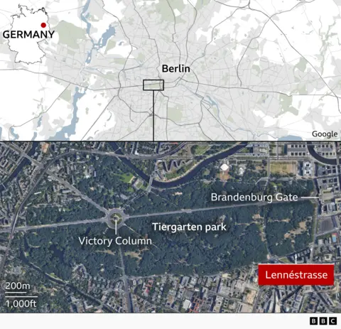 Map graphic showing the location of Lennéstrasse in central Berlin, Germany. An inset map highlights Berlin within Germany. The main map zooms into the city, with a satellite view identifying Tiergarten park, the Victory Column, and the Brandenburg Gate. Lennéstrasse is marked in a red label on the south-eastern edge of the park.