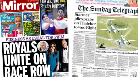 The headline on the front page of the Sunday Mirror reads: "Royals unite on race row" and the main headline on the front page of the Sunday Telegraph reads: "Starmer piles praise on Thatcher to woo Right"