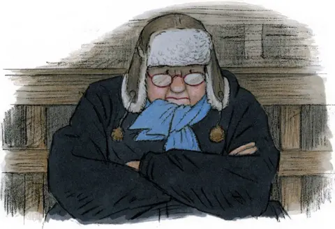 Posy Simmonds Cartoon artwork showing man bundled up in warm clothes