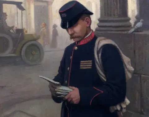 The Postal Museum 1911 painting of postman in City of London