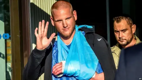 AFP Spencer Stone leaves the Lesquin hospital after treatment, 22 Aug
