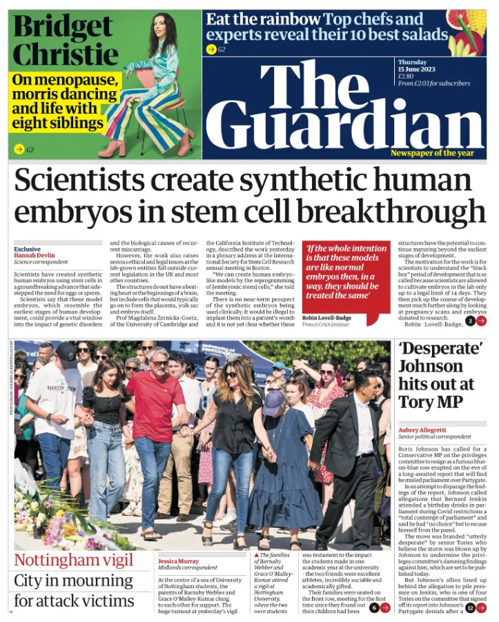 Front page of the Guardian