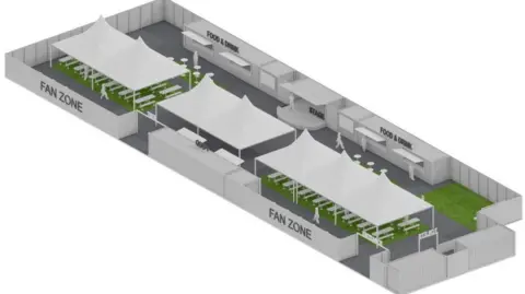 An architect's computerised drawing of the development showing food and drink stalls down one side with covered seating in the centre, surrounded by a fence.