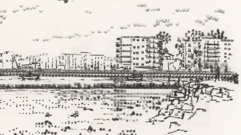 Keira Rathbone A piece of artwork of a city and a river, in the foreground is the river, in the mid-ground is a bridge. There are blocks of flats in the background.