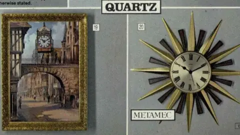 Argos A tiny wall clock mounted on a large picture of Roman architecture in the city of Chester