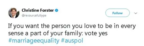 @resourcefultype Tweet reads: If you want the person you love to be in every sense a part of your family: vote yes #marriageequality #auspol