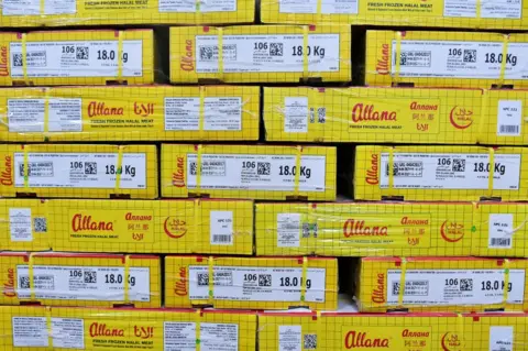 Getty Images Boxes of packaged frozen buffalo meat stand inside a cold storage unit at a plant operated by Allana Group in Aligarh, Uttar Pradesh, India, on Tuesday, April 11, 2017.