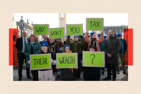Getty Images MPs Brian Leishman, Ellie Chowns and Green Party leader Zack Polanski join activists in Parliament Square calling for a wealth tax 