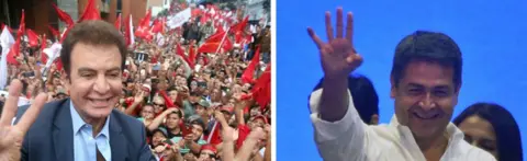 AFP/Reuters Pictures of Salvador Nasralla (left) and Juan Orlando Hernández during their campaigns for the presidency