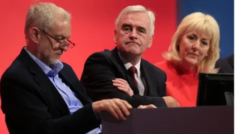 PA Jennie Formby with Jeremy Corbyn and John McDonnell