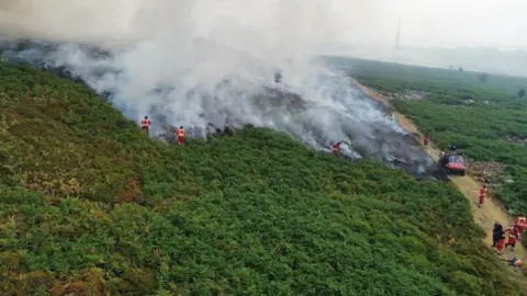 Aerial view of firefighters in red overalls tackling the wide path of a grass fire, surrounded by a plume of smoke