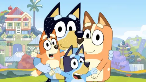 The Bluey cartoon featuring all the main character - Bluey, Chilli, Bandit and Bingo.  