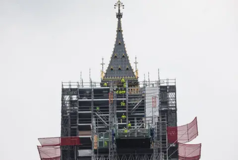 Getty Images Work men move scaffolding on the Elizabeth Tower commonly known as Big Ben