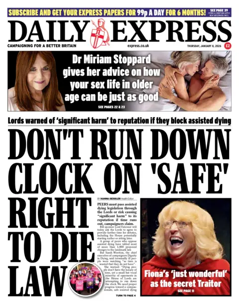 "Don't run down clock on 'safe' right to die law" reads the headline on the front page of the Daily Express.