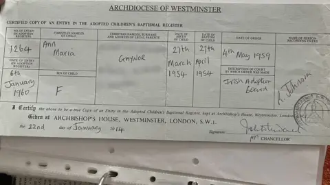 Maria's entry in the baptismal register - surname and address of adoptive parents has been blurred