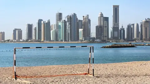 EPA File photo showing a football goal on a beach in Doha, Qatar (21 April 2015)