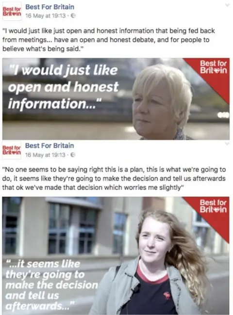 FACEBOOK/BESTFORBRITAIN One advert featuring a middle aged woman, one featuring a young woman