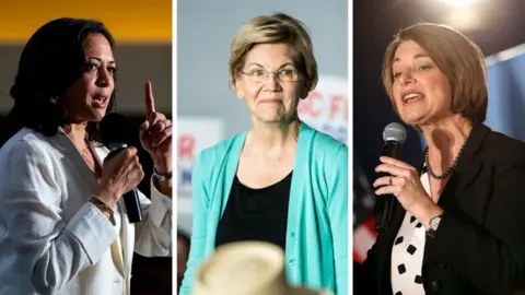 Getty Images Kamala Harris (left), Elizabeth Warren (centre) and Amy Klobuchar (right) will take the stage on 12 September