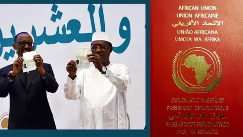 AFP/BBC A composite image of Rwanda's President Paul Kagame and former African Union Chairman Idriss Déby, and a close shot of an AU passport