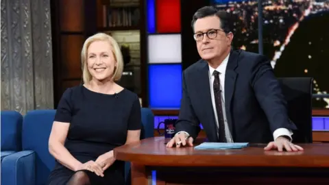 Scott Kowalchyk/CBS/Handout Gillibrand on the Colbert Show with Stephen Colbert