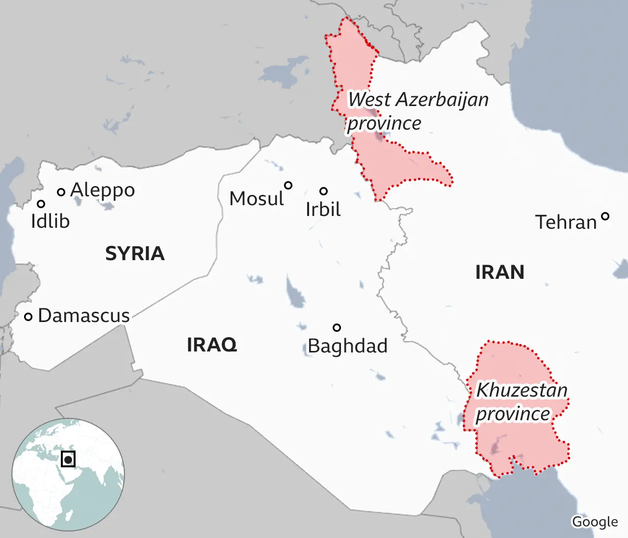 Map showing Iraq, Syria and Iran