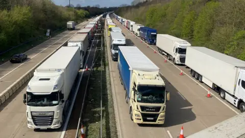 Lorries queued in Operation Brock on M20