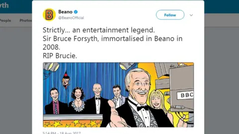 Beano/Twitter Strictly… an entertainment legend. Sir Bruce Forsyth, immortalised in Beano in 2008. RIP Brucie.