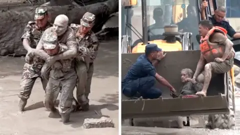 A composite image shows on the left a person being carried by military through a river of mud, and on the right people in the scoop of a digger wearing lifejackets