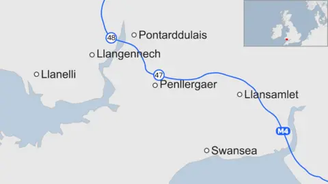 Map of M4 around Swansea