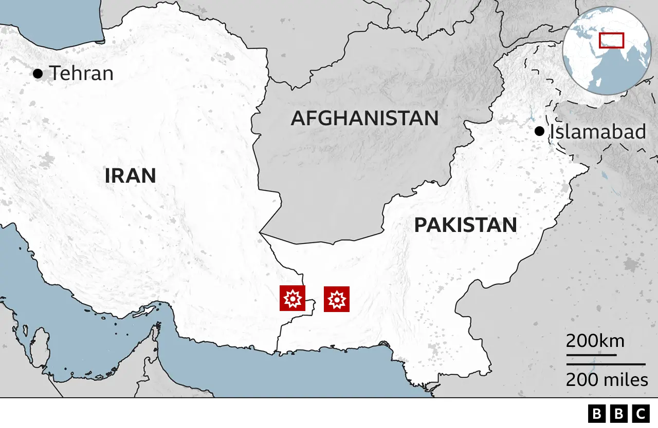 Mapa mostrando a localização dos ataques no Irã e no Paquistão