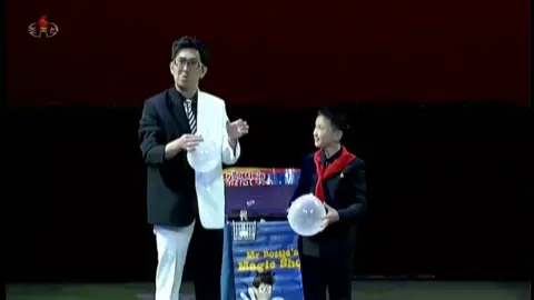 Korea Central Television Stage magician Mr Bottle as shown on North Korean TV on 16 April.