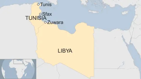 A map showing Libya, Tunisia, and the locations of the cities of Tunis, Sfax, and Zuwarah