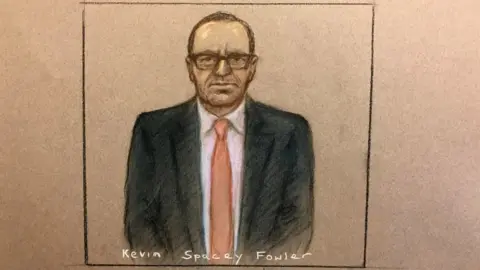 Julia Quenzler for BBC A court artist sketch of Spacey showed appearing via video link on Friday
