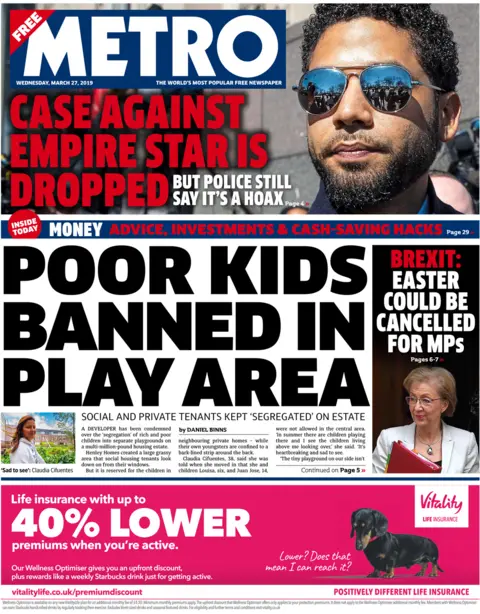 BBC Metro front page, 27/3/19