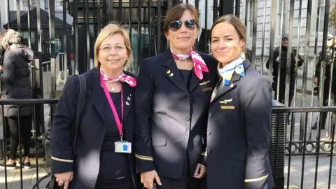 BBC Abi Anderson with colleagues Shelley Matthews and Donna Kelly outside Downing Street.