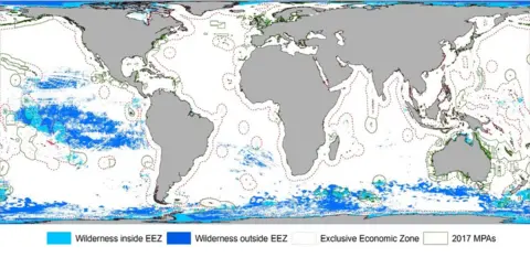 Jones et al Global map showing blue shaded areas of ocean in the Arctic, Antarctic and South Pacific