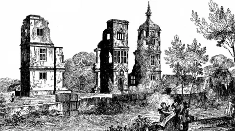 Garen Ewing The image is a black-and-white ink drawing of Brambletye House. it shows the three prominent towers in the ruins, with foliage and trees surrounding it.