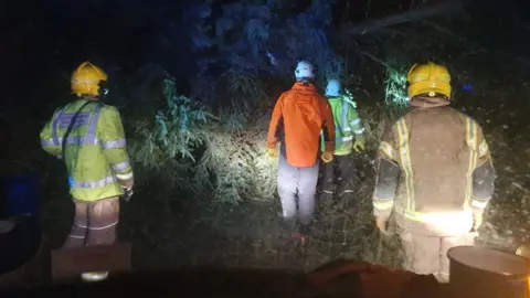 Ian Longstaff Tree surgeons help fire crew clear a fallen tree