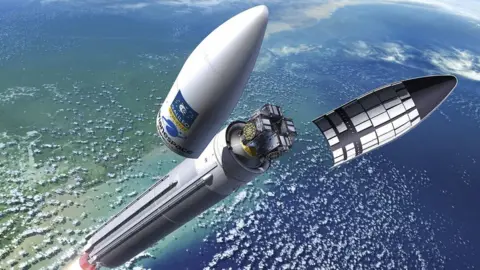 European Space Agency Artwork: Galileo satellites are now launching on Europe's premier rocket, the Ariane 5