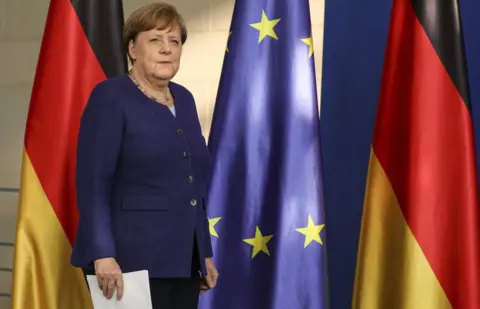 Getty Images German Chancellor Angela Merkel holds a press conference at the Chancellery on May 20, 2020 in Berlin, Germany