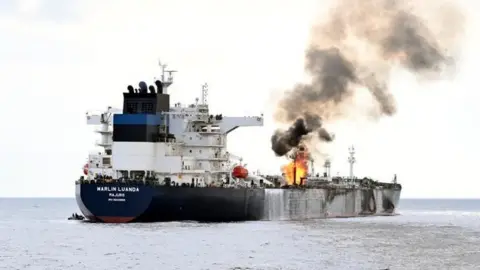 Indian Navy Marlin Luanda on fire in Gulf of Aden