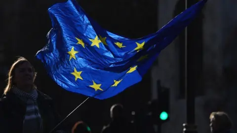 Getty Images A pro-EU anti-Brexit protester waves an EU flag outside the Houses of Parliament in central London, 15 January 2020