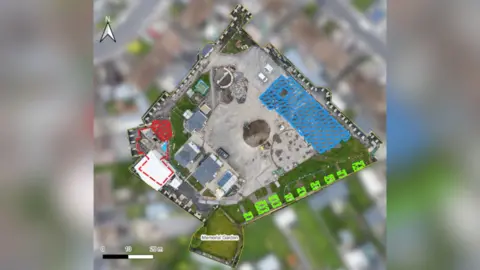 ODAIT A aerial image of the site of the former mother and baby home in Tuam. The site is surrounded by residential houses, which have been blurred out. A small grassed courtyard is marked as a "memorial garden" at the base of the picture. Excavation areas in the left and right hand sides of the picture are highlighted by red and blue markings. The red area covers and extends past the top of a large white forensic tent. 