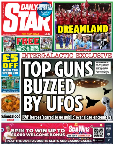 The Daily Star headline reads: Top Guns buzzed by UFOs