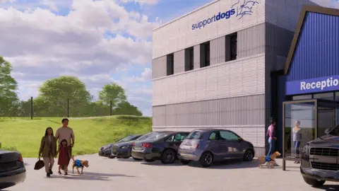 Support Dogs  Artist's impression of the outside of a large square building with grassed area, car parking and access to a reception area