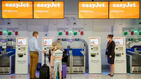 EasyJet A group checking in to board an easyJet flight whilst wearing face masks