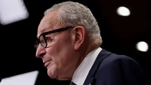 Reuters Chuck Schumer is looking left and wearing a dark suit