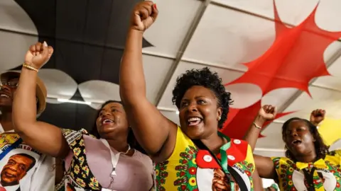 Getty Images Zanu PF delegates salute the arrival of Zimbabwe President Emmerson Mnangagwa at the party's 17th National People's Conference in Matebeleland.